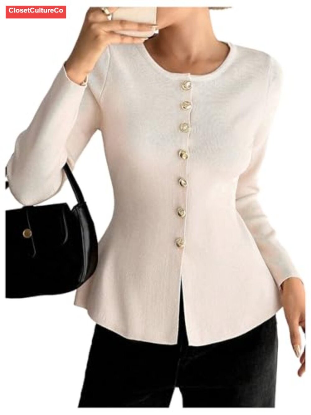 Rib Knit Button Up Cardigan Ruffle Peplum Sweater